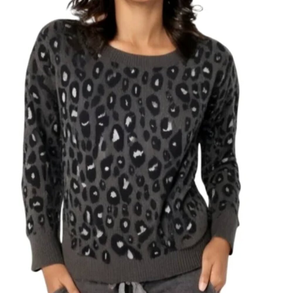 Lucky Brand Women's Size Large Crewneck Sweater Gray Black Animal Print Cotton
